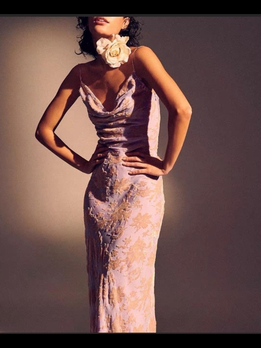 Rat & Boa Lavender Slip Maxi Dress With Gold Floral Lace